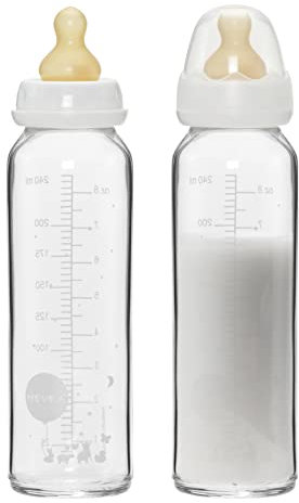 HEVEA Standard Neck Glass Baby Bottles - Medium Flow Anti Colic Baby Bottles 3-24 Months - BPA-Free, Two-Pack (240 ML)