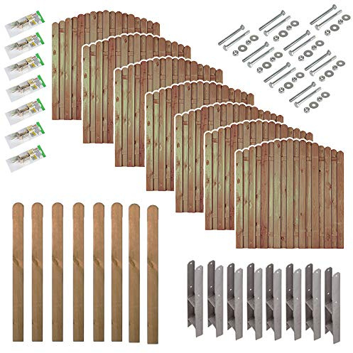 Sichtschutzzaun Bochum Bogen Komplettset 13,3 m – 7x Holzzaun 180x180/160 cm inkl. 8 Pfosten 9x9x190 cm, H-Pfostenträger & Montagezubehör, druckimprägniert