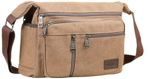 BOMKEE Bolsa de Mensajero Bolso Cruzado Mujer Hombre Bandolera Tela de Lona Portáti Bolso de trabajo con Múltiples Bolsillos para Deportes Trabajo Oficina Viajes Casual(Marrón)