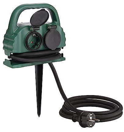4-Fach Gartensteckdose IP44 mit Tragegriff und Erdspieß,wasserfeste Außensteckdose mit H07RN-F Gummi Kabel (10m,grün)