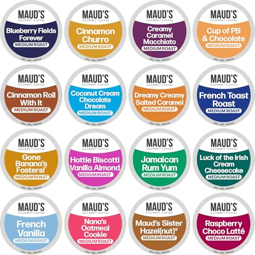 Maud's Super Flavored Coffee Pods Variety Pack, 80 ct, 16 Assorted Flavors, Medium Roast Flavored Coffee in Single Serve Pods – 100% Arabica Beans, Compatible with Keurig K Cups Maker