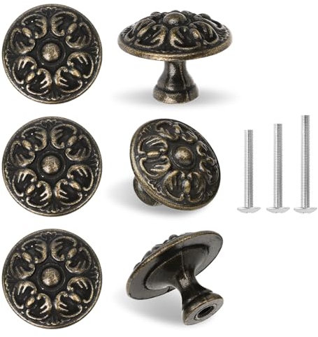 ShipeeKin Lot De 6 Boutons De Meuble Rétro Antiques 30 Mm - Motif Fleurs De Château - Boutons En Bronze Vintage - En Laiton - Pour Armoire, Commode, Cuisine