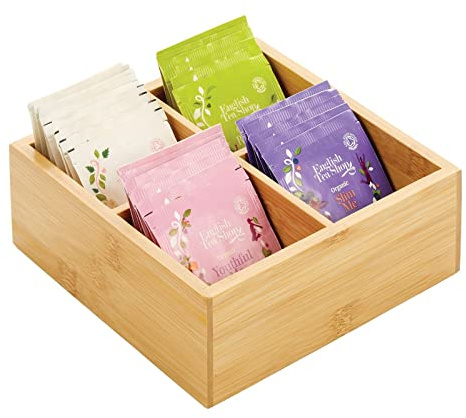 mDesign Bamboo Kitchen Pantry Storage Organizer Box - 4 Divided Sections, Open Top, Decorative Holder for Tea Bags, Packets, Small Items, Accessories - Natural Light Wood