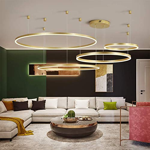 FUMIMID LED Pendellampe Wohnzimmerlampe Pendelleuchte Mit Kronleuchter Moderne Esstischlampe Aluminium Runde Acryl Beleuchtung Deckenleuchte,Gold,4laps40+60+80+100cm