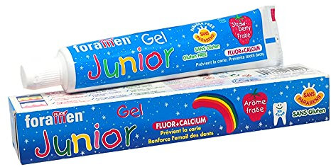 Dentifricio per Bambini con gusto alla Fragola · Fluor + Calcio · Previene la Carie e rafforza lo Smalto · Senza Glutine