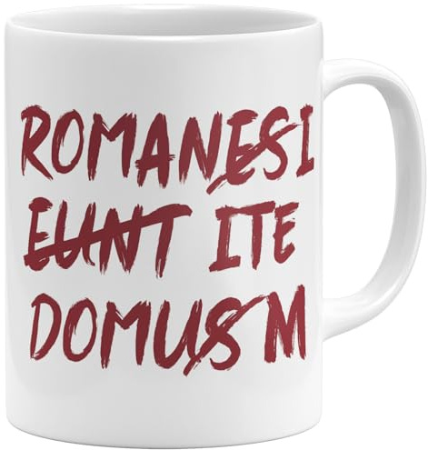 OM3® lustige Latein Kaffee-Tasse mit dem lateinischen Spruch - Romani ite Domum - Zitat - Keramik Becher - 325ml - Beidseitig Bedruckt - Weiss