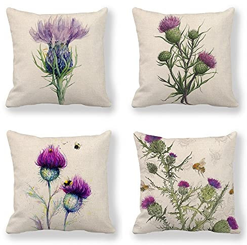 SCVBLJS Flower Cushion Cover Purple Thistle Flower Painting pillowcase Nature Drawing Ink Garden Health Decor Cushion Case Garden outdoor bench Throw Pillow Covers bee Cushions 45x45cm set of 4