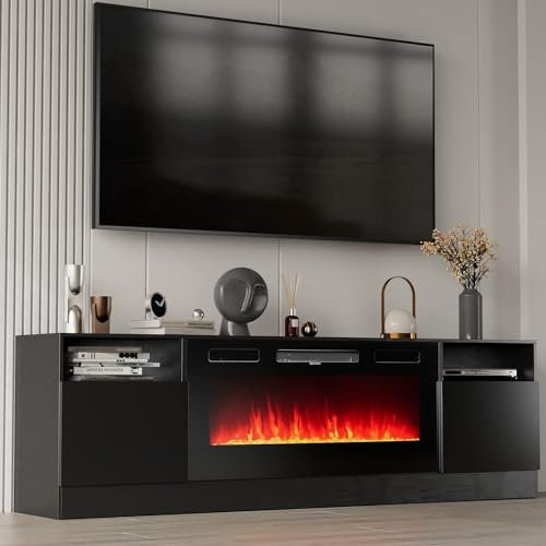 Breezestival Soporte con chimenea eléctrica de 36 pulgadas para televisores de hasta 80 pulgadas, 70 pulgadas, moderno centro de entretenimiento con textura de madera con luz LED, gabinete de consola