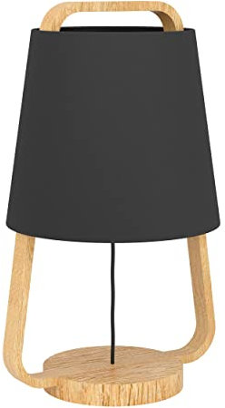 EGLO Tischlampe Camaloza, Nachttischlampe Skandinavisch, FSC100HB, Tischleuchte aus Holz in Natur und Textil in Dunkelgrau, Stoff Lampe Schlafzimmer, E27 Fassung