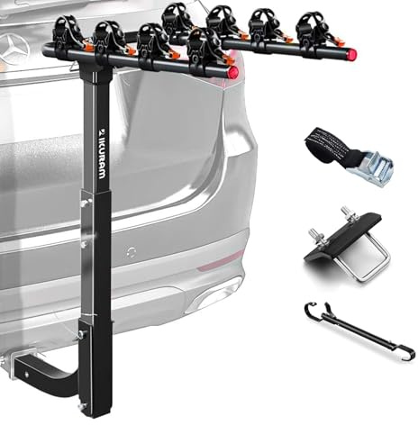 4 Bike Rack Bicycle Carrier Racks Hitch Mount Double Foldable Rack for Cars Truck SUV Fits 2 Receiver, Tie Down Strap, Anti-Rattle Hitch Tightener & Bicycle Cross-bar Adapter for Kid’s Bike