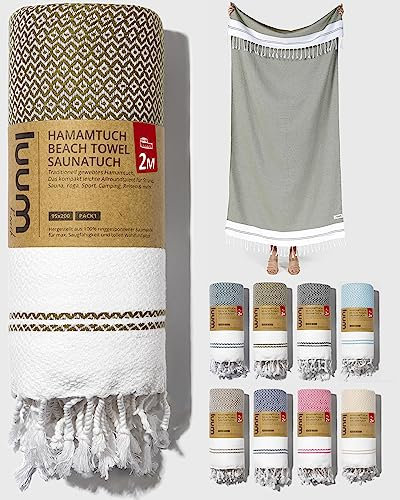 Luum® Strandtuch groß 100x200 Hamamtuch Saunahandtuch Badetuch Handtuch Yogatuch Duschtuch Strandhandtuch Saunatuch Reisehandtuch Turkish Towels, Damen Herren, 100% Baumwolle, Olive Grün