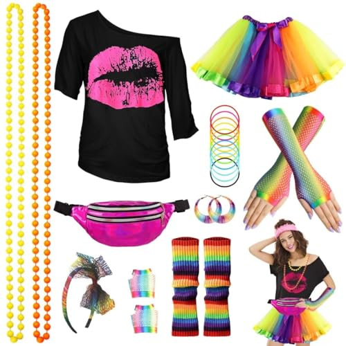 80er Jahre Outfit Damen Set, T-Shirt, Tutu, Gürteltasche, Stirnband, Ohrring, Halskette, Netzhandschuhe, 80er Jahre Kleidung Kostüm Neon Accessoires Party Karneval Clothes-80SMouth-Multicolour-3XL
