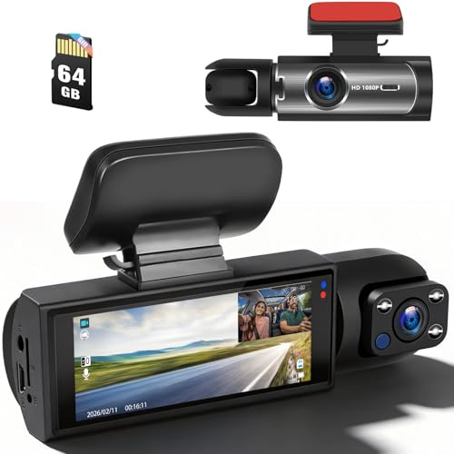 Front and Inside Dual Dash Cam for Cars with 64GB Card, 3.16 inch IPS Screen 1080P Dash Camera for Cars Infrared Night Vision,Loop Recording,G-Sensor,24H Park Monitor,Wide Angle Inside Car Camera
