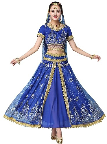 OTMYIGO Bollywood Kleid Erwachsene Kostüm Frauen Indischer Tanz Set Bauchtanz Sari Kleidung Tanz Performance Kleidung Chiffon Rock Set