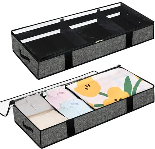 VERONLY 2 Stück Unterbett Aufbewahrungsbox mit Transparenter Deckel, 52L Unterbettkommode mit 2 Partition und Grundplatte Faltbarer Unterbettbox für Bettdecken, Schuh, Kleidung, Spielzeug