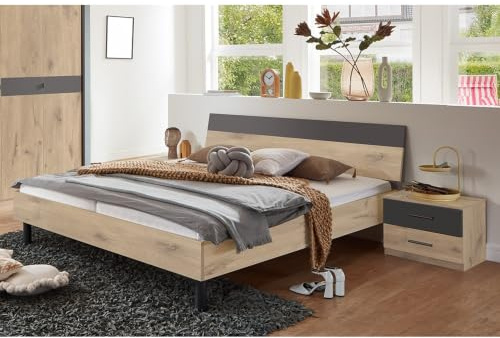 Lomadox Schlafzimmer-Set 3-teilig mit Bett 160x200 cm, 2 x Nachttisch in Eiche mit Graphit