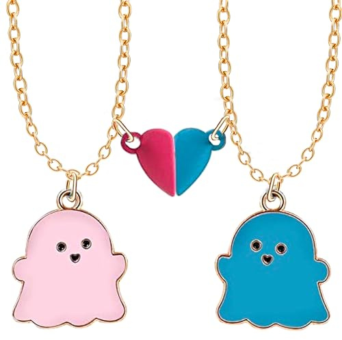 Bixorp Gespenst Freundschaftskette für 2 - Rosa/Blau - Süße BFF Kette mit magnetischem Herz - Niedlicher Anhänger für beste Freunde - Gold