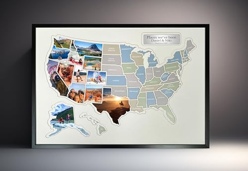 Generic Personalisierte Fotokarte 50 States USA – Holzrahmen, Semi-Glanz, 11x17 Zoll, Wandkarte, Reisekarte
