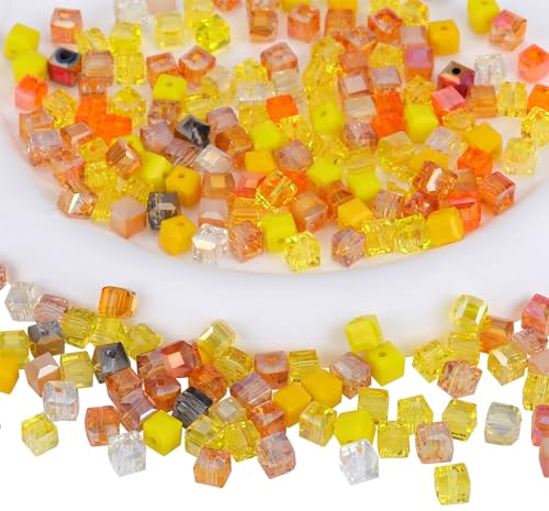 BEEFLYING 200 Stück 6 mm Würfel-Kristallglasperlen für die Schmuckherstellung, quadratische Glas-Abstandsperlen für Armbänder, Halsketten, Ohrringe, Bastelarbeiten, Heimdekoration (gelb)