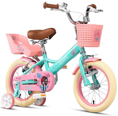 Glerc Sasha 12 Zoll Kinderfahrrad für 2- bis 4-jährige Mädchen im Retro-Vintage-Stil mit Puppenfahrradsitz und Stützrädern Grün