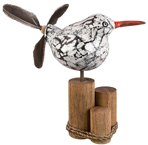 ART-CRAFT Handgeschnitzte Möwen-Figur im Shabby Chic Stil – Maritime Holz-Skulptur mit beweglichem Feder-Propeller – Dekoration für Tisch, Fensterbank & Balkon, 12cm hoch (Möwe Erna)