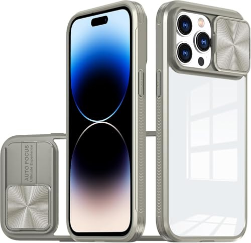 Dqtaoply for iPhone 15 Pro Max Case, Slide Camera Cover Clear Back + TPU Silicone Bumper Heavy Duty Drop-Protection Phone Case for iPhone 15 Pro Max - Grey