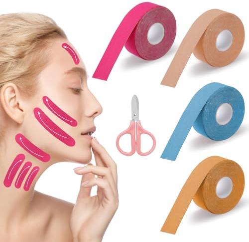 Lot de 4 rouleaux de patchs anti-rides, 2,5 cm x 500 cm, pour le visage, les yeux, le cou, le front, les sourcils, les lèvres, les rides, la mentonnière