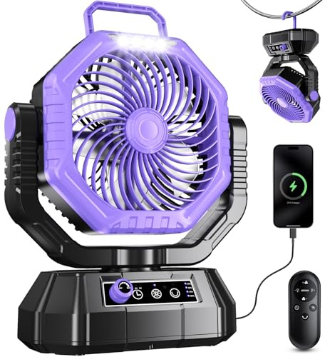 HAWANA Portable Fan Rechargeable，20000mAh Camping Fan with 360° Airflow, Battery Powered Ventilador Recargable with Stepless Wind Speeds, 3 Timing, Hanging Hook for Camping, Tents, BBQ, Fishing