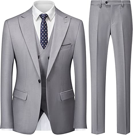 MODFUL Mens Suits 3 Piece Slim Fit Business One Button Tuxedo Wedding Blazer Waistcoat Trousers Set (Light Grey, Medium)