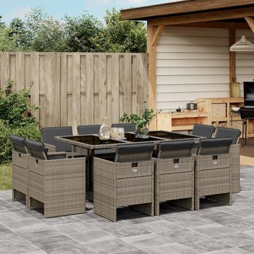 IKAYAA Gartenmöbel Set Rattan 10 Personen Garten sitzgruppe 10 Personen Gartentisch Set mit 10 stühlen Gartengarnitur Sitzgarnitur Essgruppe mit Kissen-Grau-11-tlg-Typ 2