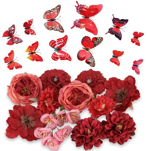 MWOOT Rot Kunstblumen zum Basteln, Künstliche Rosen für Hochzeitssträuße Abschlusskappe Babyparty Faschingskostüme Haarreif Deko, 12 Stück Blumen Set mit 3D Schmetterlingen