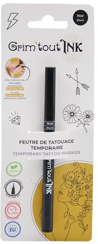 Grim'Tout - Feutre de Tatouage Temporaire Noir - Encre Sans Danger pour la Peau - Vegan - Pointe Extra-fine - Longue Tenue - Loisirs Créatifs et Festifs : Carnaval, Festival, Kermesse