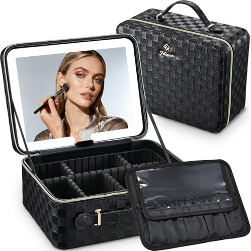Makeup Bag with LED Mirror, Large Travel Make up Organiser Box Portable Makeup Case Cosmetic Bag Vanity Cases with Adjustable Compartment, 3 Color Modes Light Up Mirror Make Up Case, Gift for Women