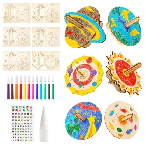 Solivive 12 Stück Holzkreisel Bausatz, Holz Bastelset Kinder, Planeten Kreisel zum für Bemalen und Basteln, Mädchen Jungen 5 6 7 8 9 Jahre(mit Aufklebern, Farbstiften, Latex)