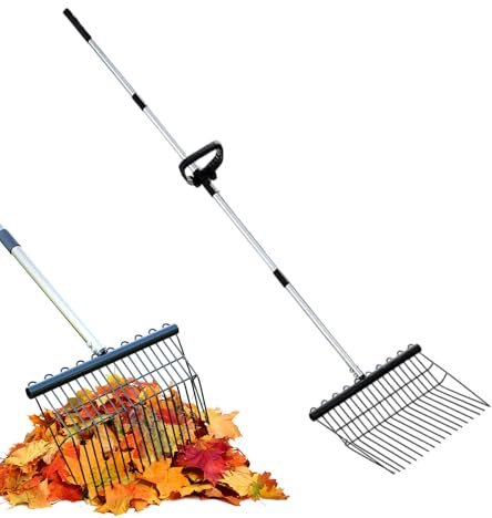 Celuicion Rastrillo de metal para paja | Rastrillo de jardín con largo de acero inoxidable – Deshierbe ergonómico Rastrillo de superficie verde para hojas, jardín y cuidado del césped