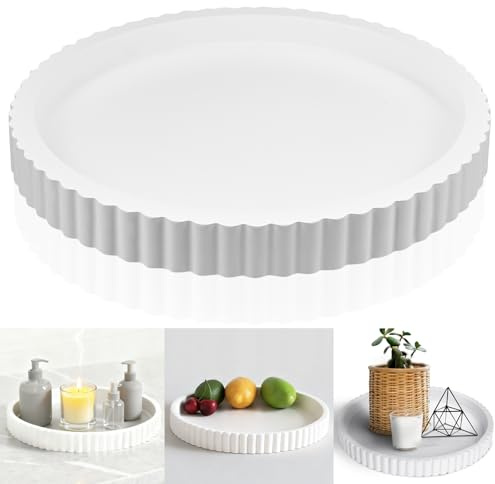 Holztablett Rund, 28 x28cm Modern Serviertablett Rund, Dekotablett, Boho Tischtablett für Küche Tisch, Wohnzimmer, Schlafzimmer, Badezimmer(Milchweiß)