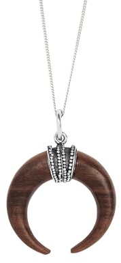 925 Silber Holz-Doppelhorn-Anhänger an Panzerkette – Sterling-Silber-Halskette mit himmlischem Halbmond-Anhänger – kosmischer Symbol-Holzschmuck – Boho-Stoßzahn