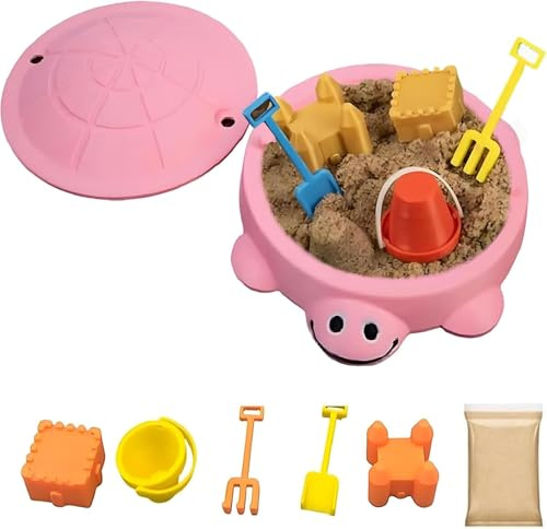 Demiawaking Mini Turtle Sandbox with Lid, Crab Sandbox, Children's Desktop Sand Toys, Includes Molds, Sand and Mini Tools, Desktop Stress Relief Toys for Indoor and Outdoor (Pink)