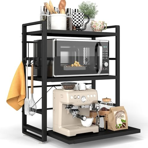 BeSokar Estante para microondas de 3 puertas, altura ajustable y extensible, con cajón, de acero al carbono, incluye ganchos y ventosas de refuerzo, estante para panadería (negro)