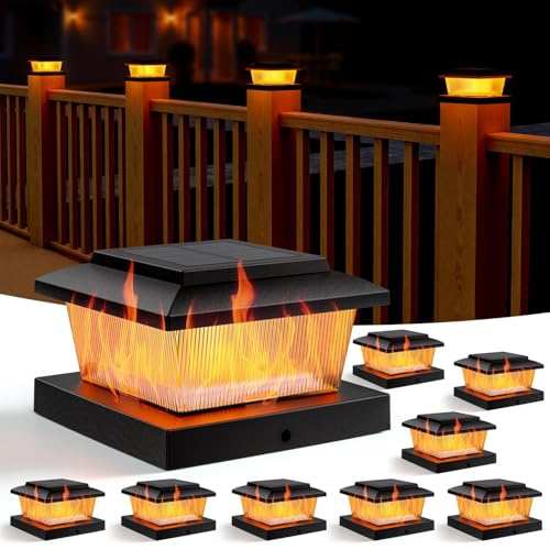 Gresonic 8 Stück Flackernde Flamme Solar Pfostenkappe 10x10, Solarbetriebene, Pfosten Patio Zaunpfahl, Pfostenkappe Warmweiß IP65 Wasserdicht Pfostenlampen für Zaunpfosten (8 Stück Flamme)