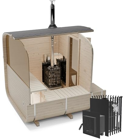 AZS-ENGINEERING 2QL Panorama Fasssauna Gartensaunas Garten Outdoor Sauna aus Fichtenholz – Verschiedene Größen (4–6 Personen) – mit Holzofen ETNA