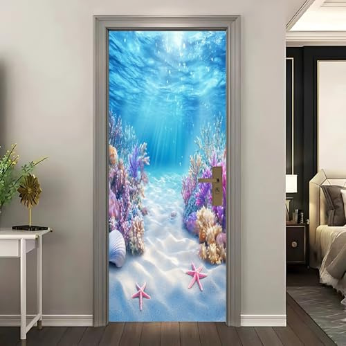 Pegatina Decorativa 3D Para Puerta Coral OceáNico Colorido Vinilo Autoadhesivo Adhesivo Puerta Impermeable Paisaje Submarino Pared Murales para Cocina Sala de Baño Decorativos 73x205 cm