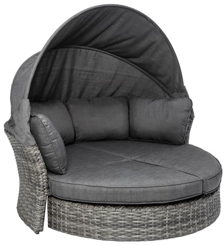 invicta INTERIOR Drehbare Sonneninsel Seattle 195cm grau mit Sonnendach inkl. Kissen Outdoor fähig Gartenmöbel Sonnenliege Gartenliege mit Dach wetterfest
