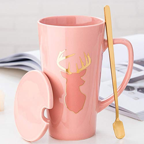 Taza De Café De Cerámica, Elegantes Tazas De Té Con Tapa y Cuchara, Tazas Grandes De Leche De Cerámica Con Asa, Regalos Creativos Para El Hogar y La Oficina Para Amigos y Familiares,500ml