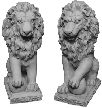gartendekoparadies.de Statuen Löwen mit Kugel, Steinfigur aus Steinguss, H. 47 cm, je 21 kg, Grau, Frostsicher für Außenbereich (2er-Set)