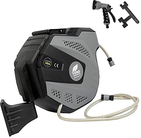 Yerd Schlauchaufroller : 35 Meter automatik Schlauchtrommel mit standard kompatiblen Anschlüssen, inkl. Gartenbrause (35m, mit Gartenbrause und Feder Nachspann-Tool)