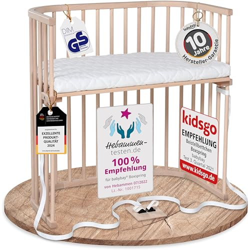 babybay Boxspring Beistellbett aus massivem Buchenholz / kompakt & verwandelbar / Kinderbett Höhe stufenlos verstellbar & umweltfreundlich / mitwachsendes Babybett (natur unbehandelt) / inkl. Matratze