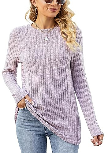 Famulily Women's Long Sleeve Tops Casual Round Neck Ladies Lightweight Knit Jumpers