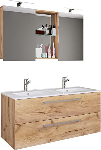 VCM 3-TLG. Doppel Waschplatz | 2X Waschtisch | Badmöbel Set mit Unterschrank, Waschbecken und Spiegelschrank | Doppelwaschbecken | Komplettset Budasi SC