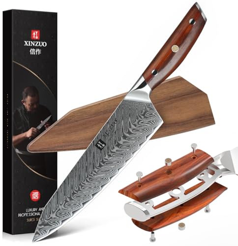 XINZUO Damaststahl Kochmesser, 21cm Kiritsuke Chefmesser Profi geschmiedet Kochmesser, Scharfe Klinge Gyuto Küchenmesser- ergonomischer Rosenholz Griff- mit Eschenholz Magnetscheide -Yi Series
